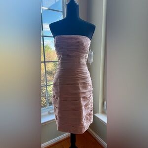 Monique Lhuillier Strapless Ruched Chiffon Mini Dress in Dusty Pink.